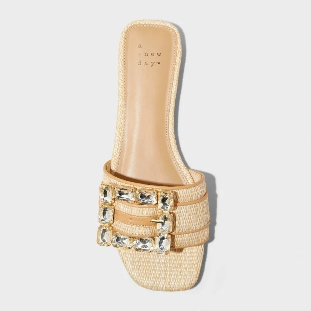 Kelsey Rhinestone Buckle Slide Sandals A New Day Tan Square Toe, Block Heel - Picture 3 of 9